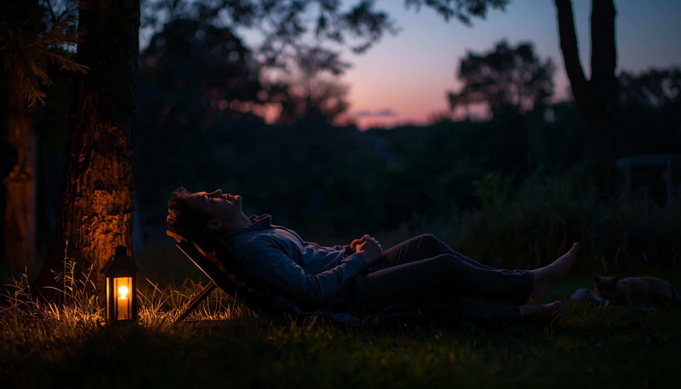 Person relaxing in peaceful evening setting with soft lighting