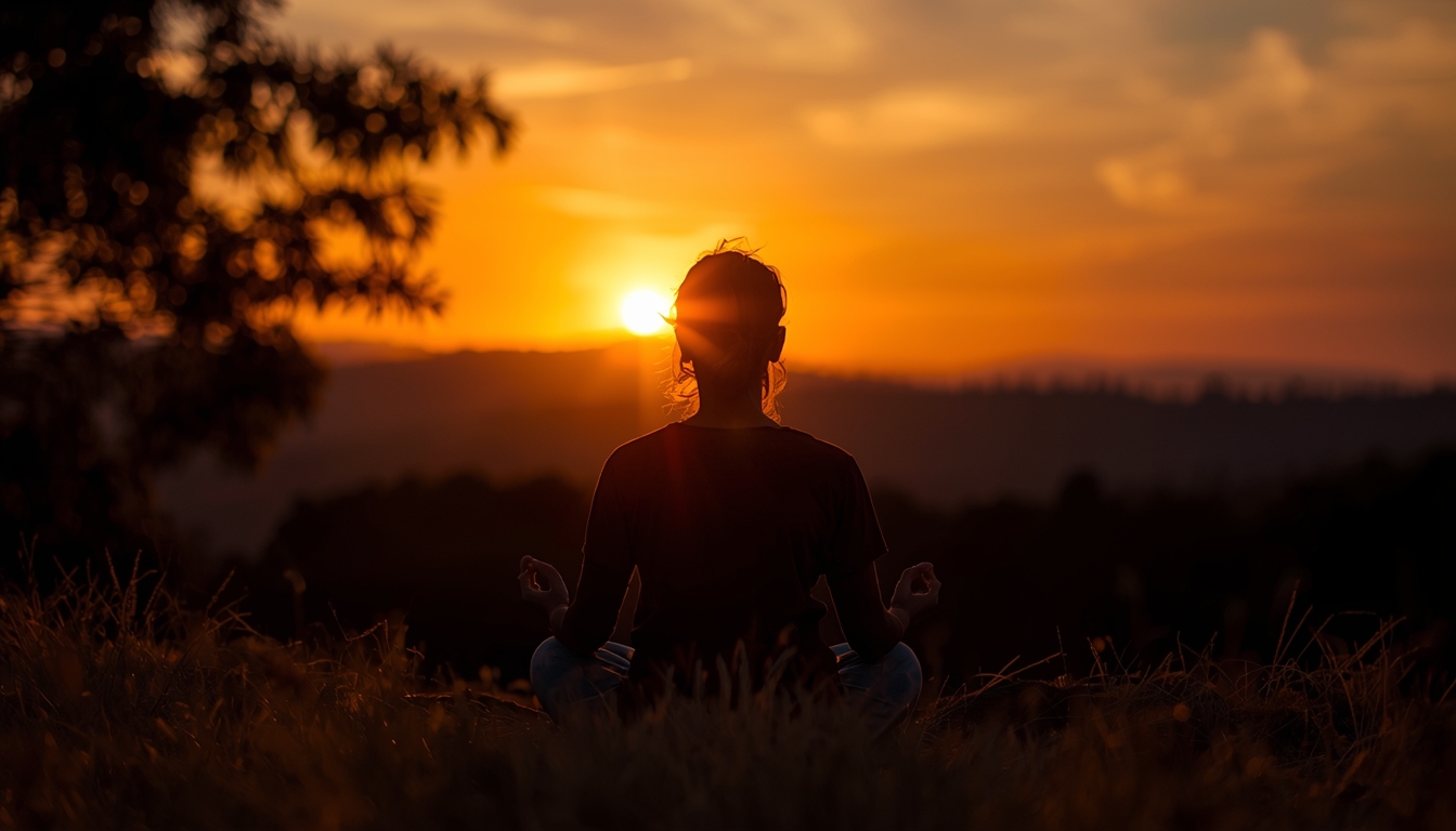 Person meditating during golden hour sunset outdoors